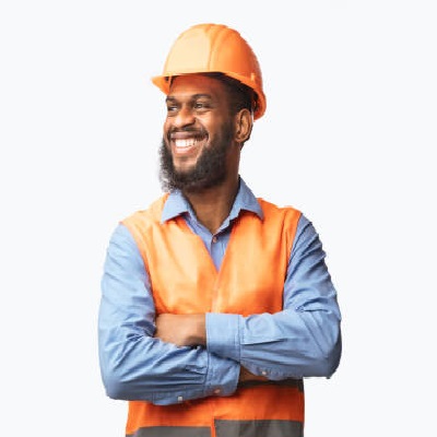 Happy African Builder Workman Standing Pleased Crossing Hands Posing On White Studio Background. Panorama, Copy Space